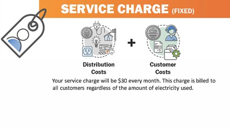 Your service charge will be $30 every month. This charge is billed to all customers regardless of the amount of electricity used.