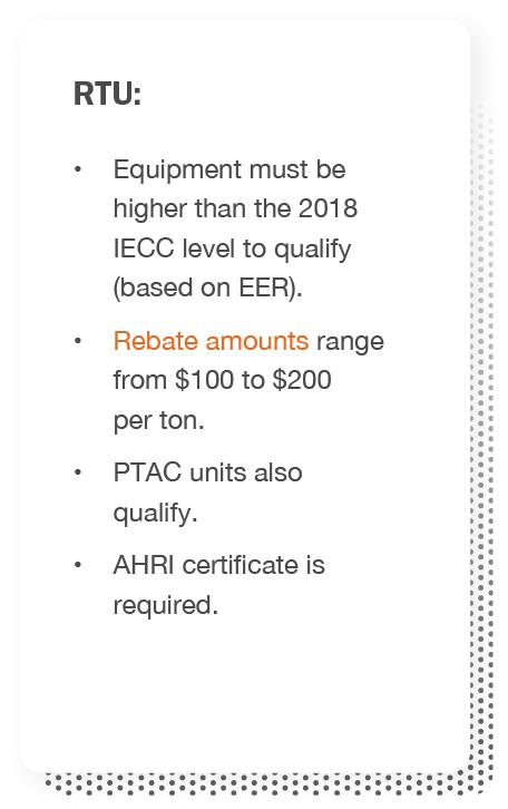 RTU: Equipment must be higher than the 2018 IECC level to qualify (based on EER), rebate amounts range from $100 to $200 per ton, PTAC units also qualify, and AHRI certificate is required.