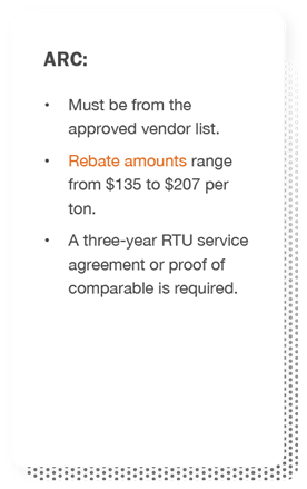 ARC: Must be from the approved vendor list, rebate amounts range from $135 to $207 per ton, and a three-year RTU service agreement or proof of comparable is required.