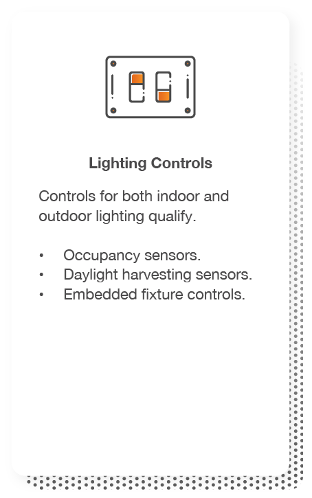 Lighting Controls: Controls for both indoor and outdoor lighting qualify. Includes occupancy sensors, daylight harvesting sensors and embedded fixture.