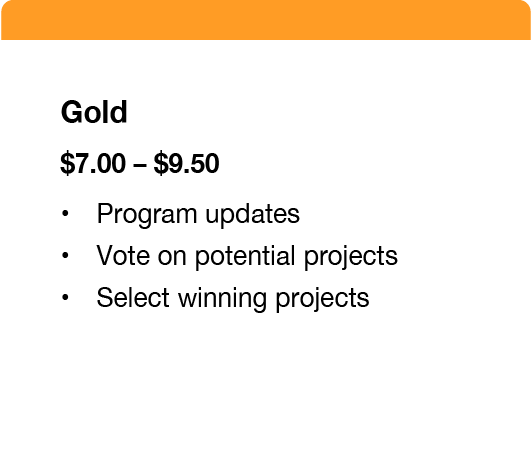 The gold membership is $7.00 - $9.50 per month. It includes program updates, voting on potential projects and selecting winning projects.