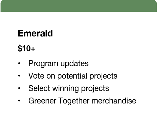 The emerald membership is $10+ per month. It includes program updates, voting on potential projects, selecting winning projects and greener together merchandise.