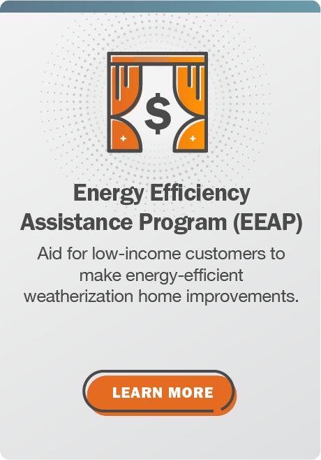 Energy Efficiency Assistance Program (EEAP): Aid for low-income customers to make energy-efficient weatherization home improvements. Click here to learn more.