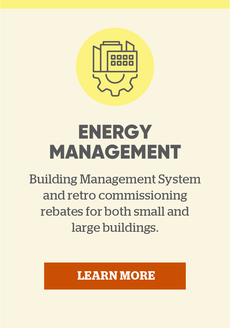 Energy Management: Building Management System and retro commissioning rebates for both small and large buildings.