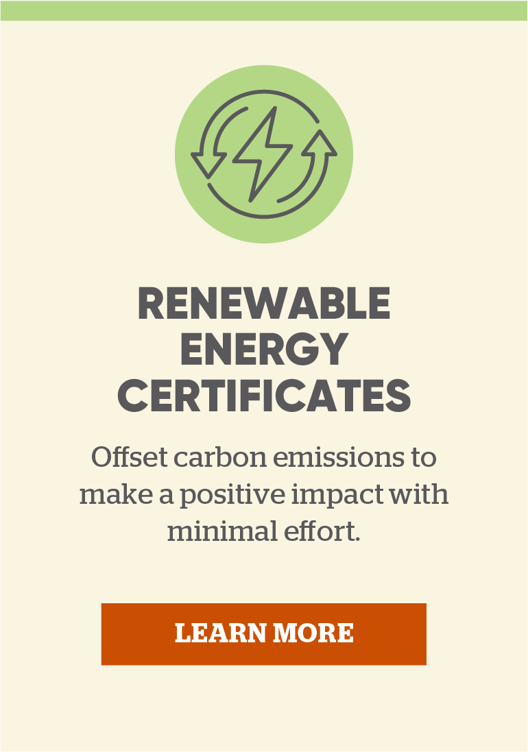Renewable energy certificates: Offset carbon emissions to make a positive impact with minimal effort. Click here to learn more.