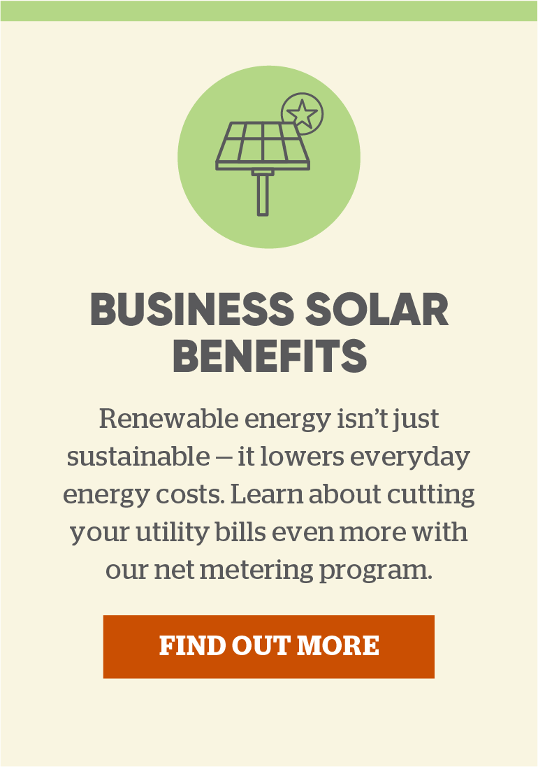 Business Solar Benefits: Renewable energy isn't just sustainable — it lowers everyday energy costs. Learn about cutting your utility bills even more with our net metering program. Click here to find out more.