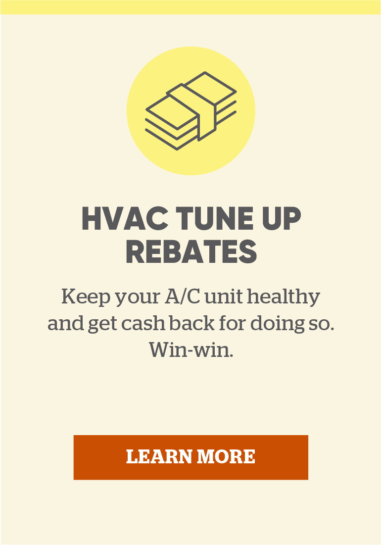 HVAC Tune Up Rebates: Keep your A/C unit healthy and get cash back for doing so. Win-win. Learn more.