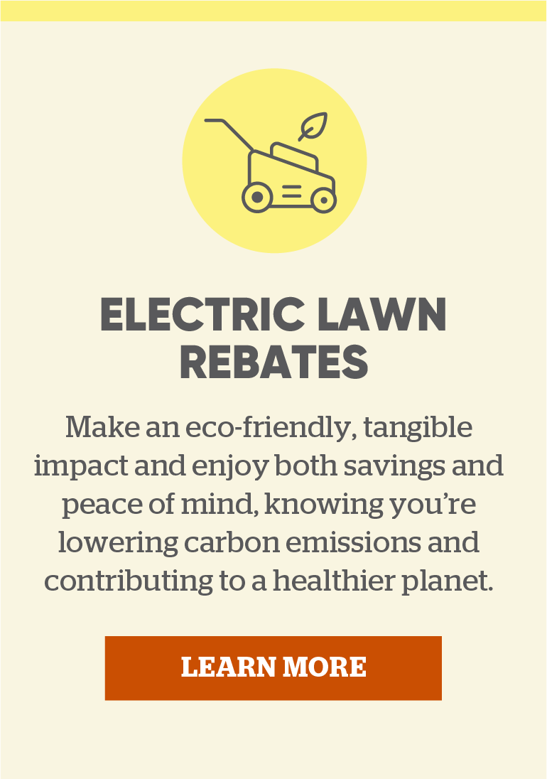 Electric Lawn Rebates: Learn how to make an eco-friendly, tangible impact and enjoy both savings and peace of mind, knowing you're lowering carbon emissions and contributing to a healthier planet. Learn more.