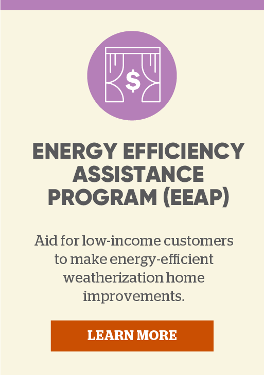 Energy Efficiency Assistance Program (EEAP): Aid for low-income customers to make energy-efficient weatherization home improvements. Click here to learn more.