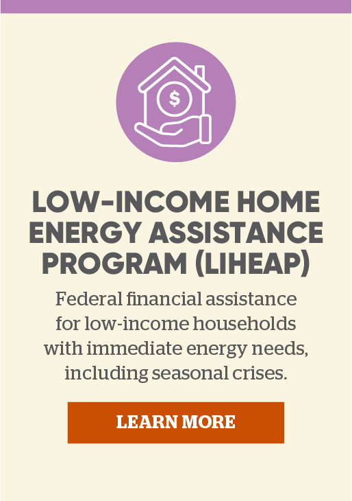 Low-Income Home Energy Assistance Program (LIHEAP): Federal financial assistance for low-income households with immediate energy needs, including seasonal crises. Click here to learn more.